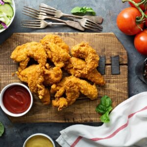 Breaded chicken tenders with ketchup