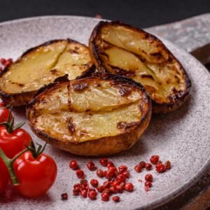 Delicious potato halves in skins baked on the grill
